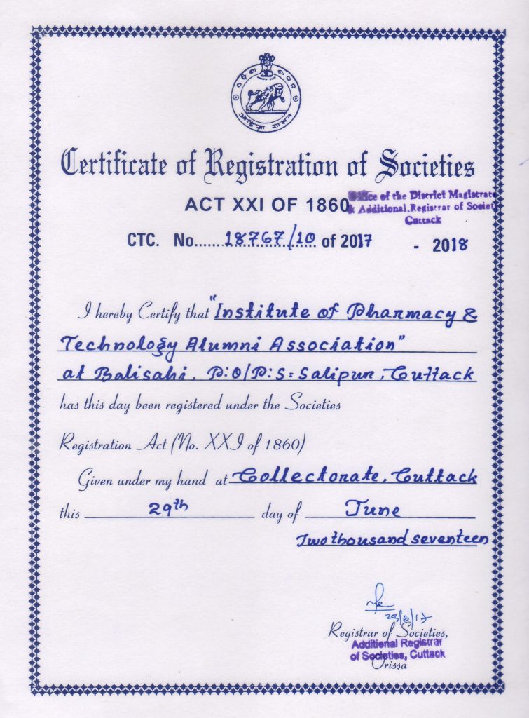 Certificate Of Registration – Institute Of Pharmacy Technology, Salipur